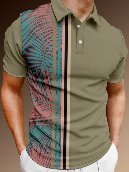 

Holiday Style Hawaii Series Plant Leaves Geometric Color Block Element Pattern Lapel Short-Sleeved Polo Print Top, Green, Men's t-shirts