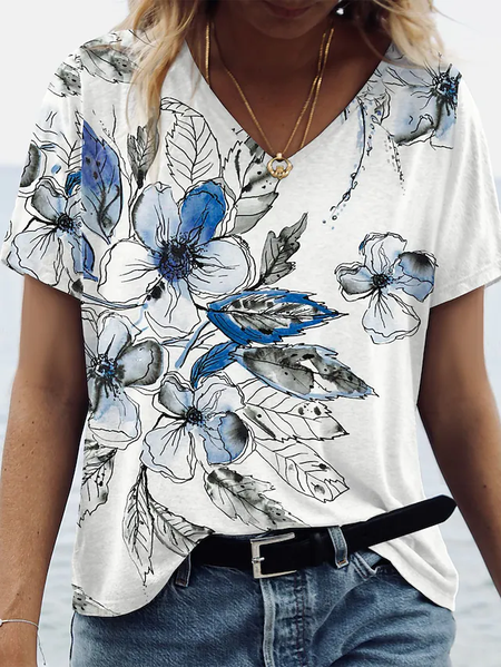 

Floral V Neck Casual Short sleeve T-Shirt, White, Blouses & Shirts