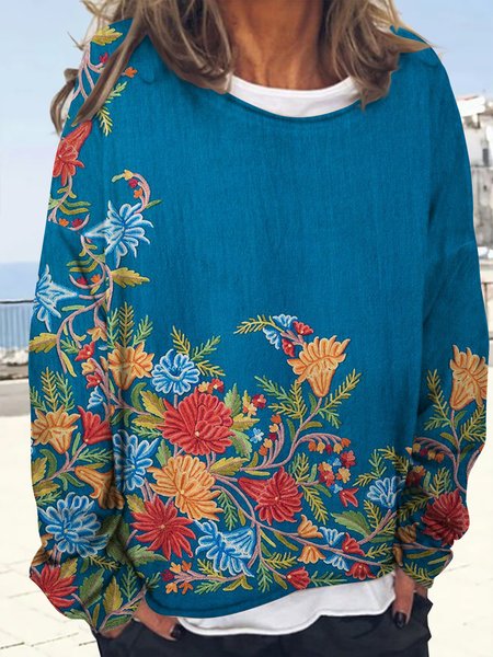 

Retro pattern loose Pullover resort sweater plus size, Blue, Sweatshirts & Hoodies