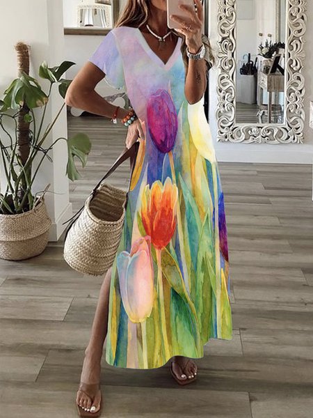 

V Neck Floral Vacation Dresses, Multicolor, Dresses