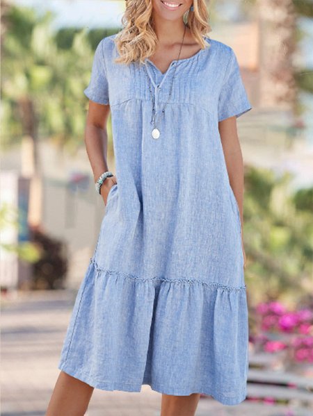 

Cotton Blends Casual V Neck Dresses, Blue, Midi Dresses