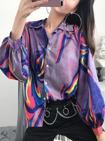 

Long sleeve Daily Simple Shirt Collar Regular Fit Blouse, Purple, Blouses and Shirts