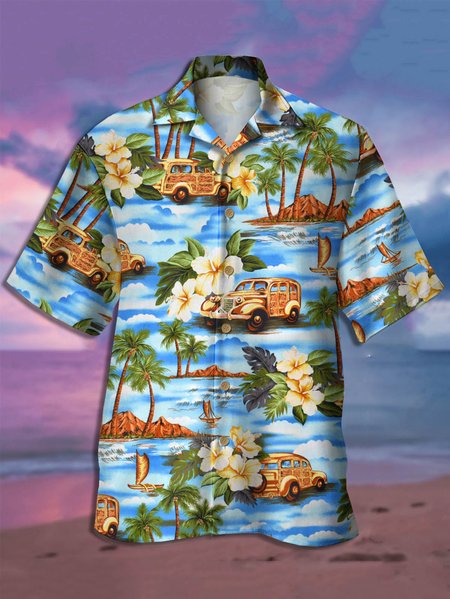 Hawaiian Graphic Men's Casual Short Sleeve Loose Shirt, Blue, Men's Floral shirt