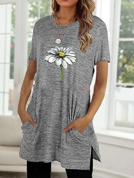 

Casual Floral Crew Neck T-Shirt, Deep gray, T-Shirts