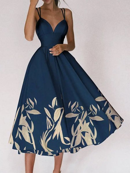 

Midi Floral Elegant Daily V Neck Regular Fit Dress, Blue, Midi Dresses