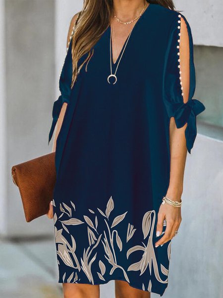 

Vacation Loosen V Neck Short Sleeve Printed Dress, Blue, Midi Dresses