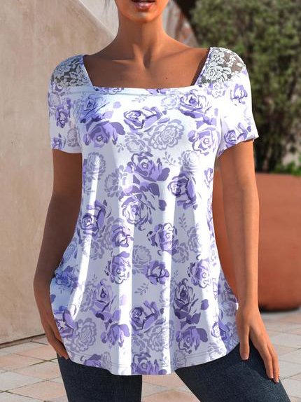

Floral Lace Short Sleeve Casual Tops, Purple, T-Shirts
