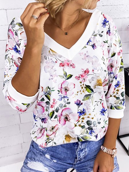 Floral Basics V Neck Sweatshirts, White, Sweatshirts & Hoodies