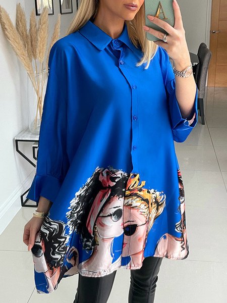 Casual Shirt Collar Loosen Figure Printed Blouse, Blue, Blouses and Shirts