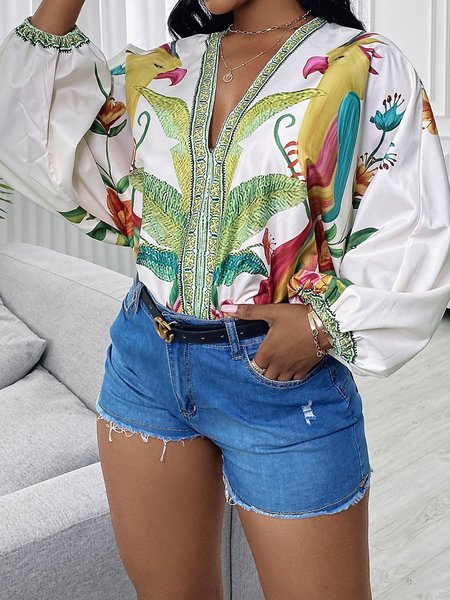 

V Neck Tropical Vacation Blouse, White, Blouses and Shirts