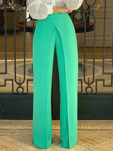 

Summer High Waist Zipper fly Mid-weight Elegant Loosen Pants, Green, Wide Leg Pants