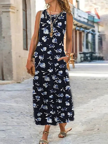 

Round Neck Relaxed Loose Floral Print Resort Sleeveless Dress, Dark blue, Dresses