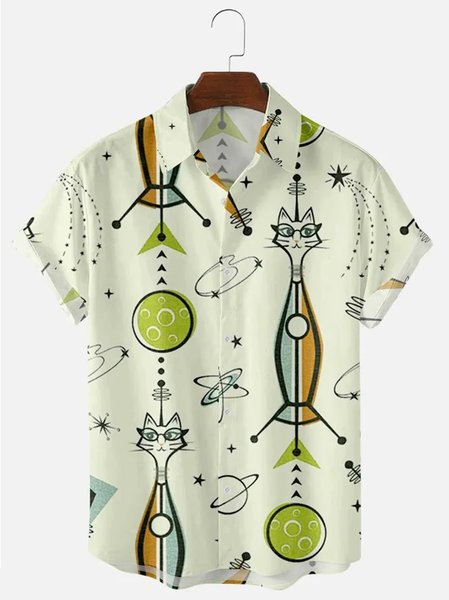 

Men's Geometric Cat Print Casual Breathable Short Sleeve Shirt, Apricot, Men's Floral shirt