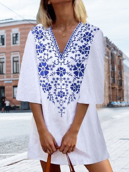 

Loose Floral Printed Casual V-neck Mini Dresses, White, Dresses