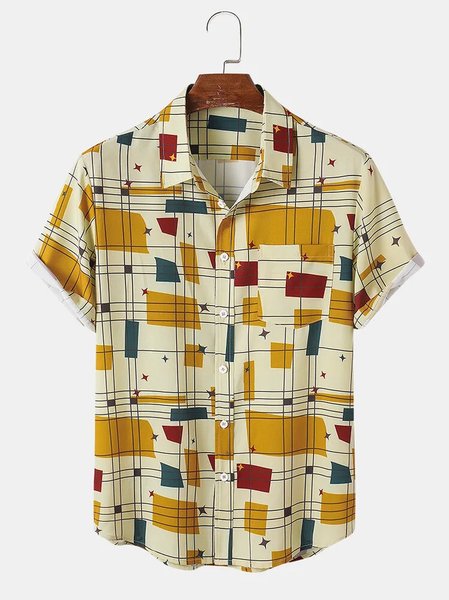 

Mens Classic Casual Geo Print Lapel Short Sleeve Hawaiian Shirts, Yellow, Men's Floral shirt