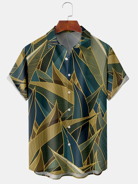 

Men's Leaf Element Print Short Sleeve Shirt, Yellow, Men's Floral shirt