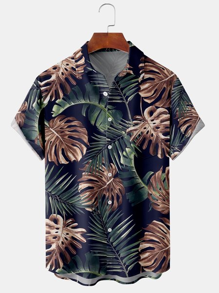 

Men's Palm Leaf Print Casual Breathable Hawaiian Short Sleeve Shirt, Green, Men's Floral shirt