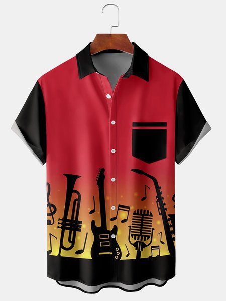 

Men's Music Element Print Short Sleeve Shirt, Black, Men's Floral shirt