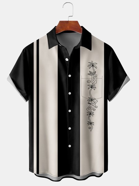 

Resort Style Hawaiian Series Botanical Coconut Stripe Geometric Element Pattern Lapel Short-Sleeved Shirt Print Top, Black, Men's Floral shirt