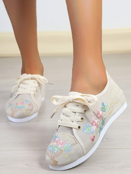 

JFN Floral Embroidered Raised Canvas Sneakers, Beige, Flats