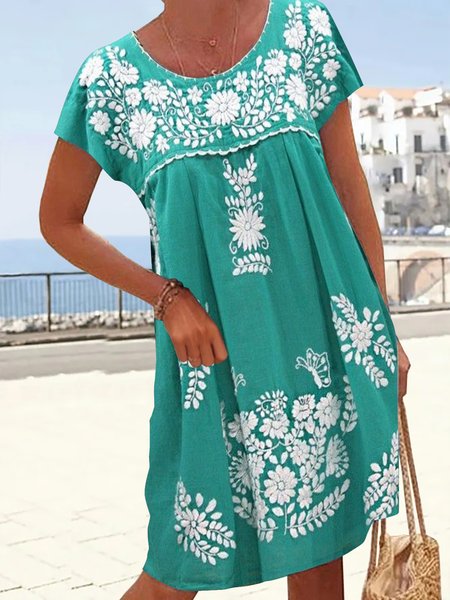 

Mexican pattern plain flower print lace a-hem loose short Dress Plus Size, Cyan, Mini Dresses