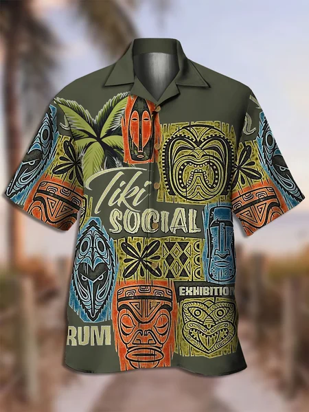 

Men's Tiki Floral Print Casual Fabric Fashion Hawaiian Collar Short Sleeve Shirts, Green, Men's Floral shirt