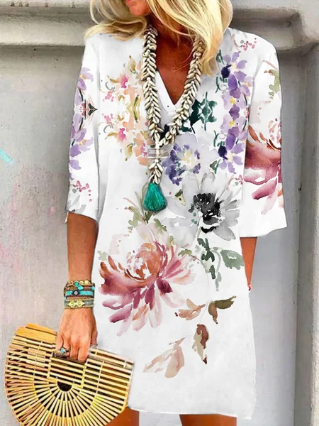 

JFN V Neck Floral Vacation Casual Mini Dress, White, Dresses