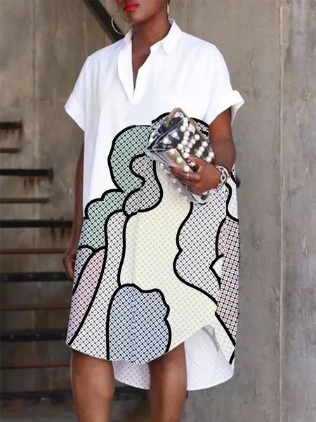 

Simple Abstract Shirt Collar Loosen Midi Dress, White, Mini Dresses