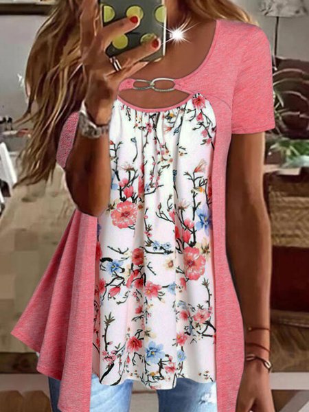 

Casual Floral Design Fake Two Piece Short Sleeve Top, Pink, Blouses & Shirts