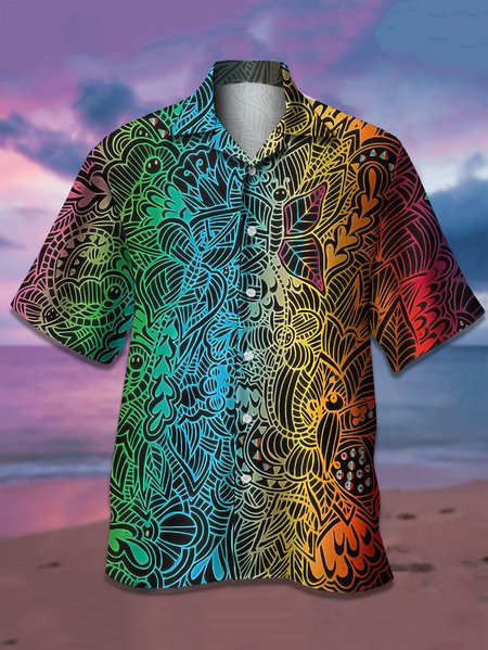

Men's Colorful Gradient Floral Line Print Short Sleeve Shirt, Blue, Men's Floral shirt