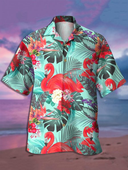 

Hawaiian Graphic Men's Casual Short Sleeve Loose Shirt, Green, Men's Floral shirt