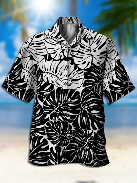 Men's Botanical Floral Print Casual Fabric Fashion Hawaiian Collar Short Sleeve Shirt, Black, Men's Floral shirt