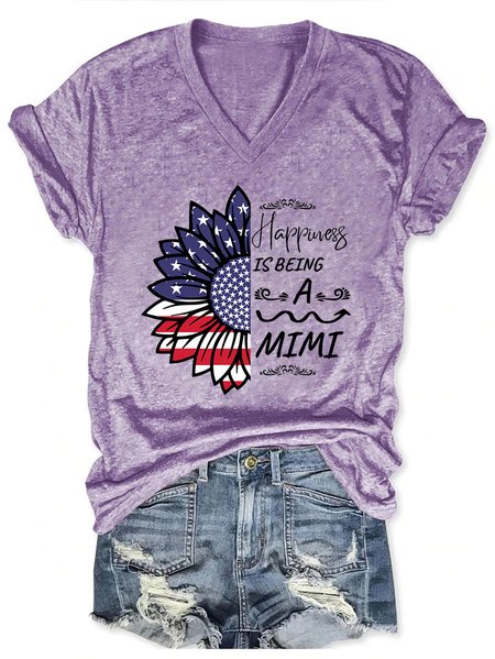 

American Flag Sunflower Happiness Is Being A Mimi Casual Letter Cotton Blends T-Shirt, Purple, T-shirts