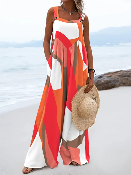 

Colorblock Wide Leg Suspender Jumpsuit, Multicolor, Jumpsuits＆Rompers
