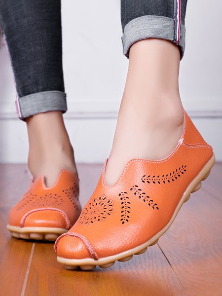 

JFN Hollow Ethnic Style Flower Leather Soft Sole Shoes, Orange, Flats