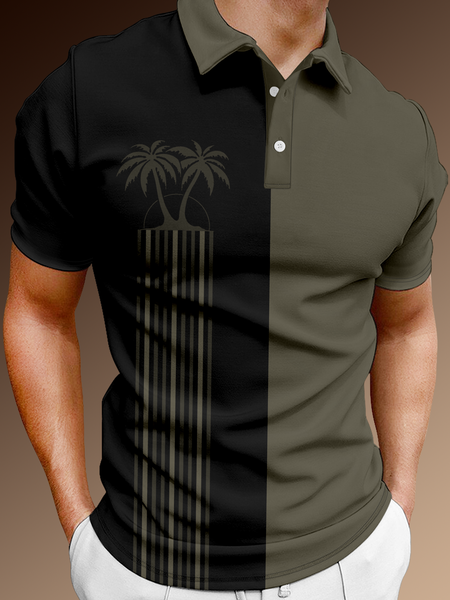 

Resort-Style Hawaiian Botanical Coconut Stripe Geometric Pattern Lapel Short-Sleeved Polo Print Top, Army green, Men's t-shirts