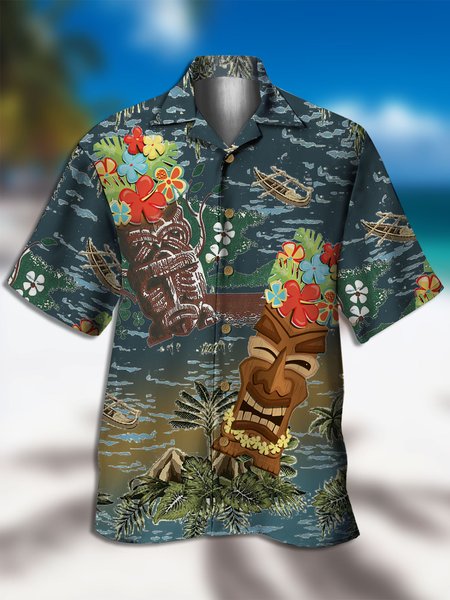 

Men's Tiki Floral Print Casual Fabric Fashion Hawaiian Collar Short Sleeve Shirts, Blue, Men's Floral shirt