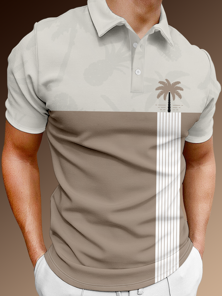 

Resort-Style Hawaiian Botanical Coconut Stripe Geometric Pattern Lapel Short-Sleeved Polo Print Top, Brown, Men's t-shirts