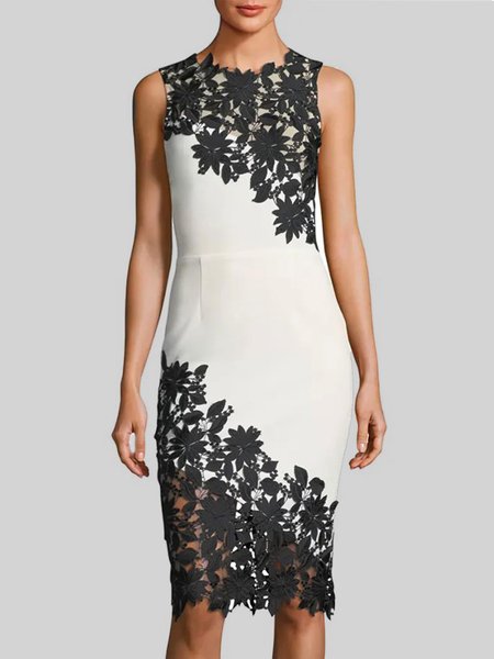 

Elegant Crew Neck Lace Splicing Color Block Dress, Black-white, Midi Dresses