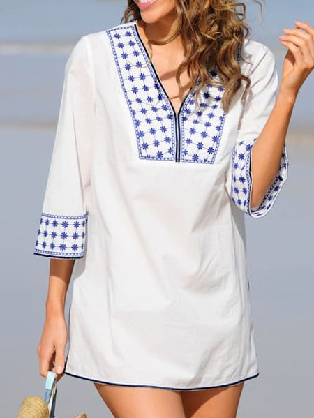 

V Neck Vacation Dresses, White, Mini Dresses