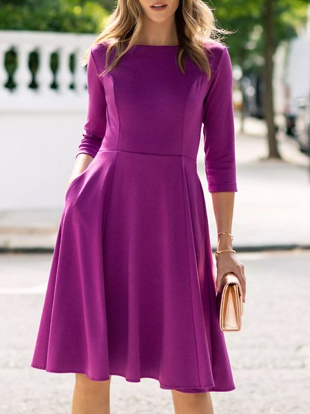 

Rose Red Three Quarter Daily Regular Fit Plain Boat Neck Dress, Midi Dresses
