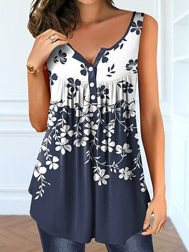 

Floral V Neck Tanks & Camis, Blue, Tanks & Camis