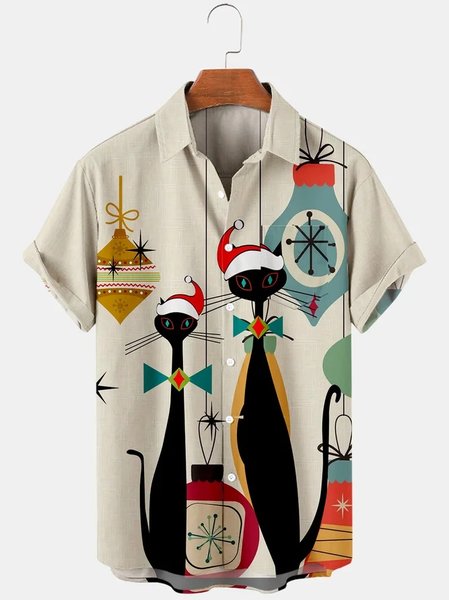 

Men's Christmas Cat Print Casual Breathable Short Sleeve Shirt, Apricot, Men's Floral shirt