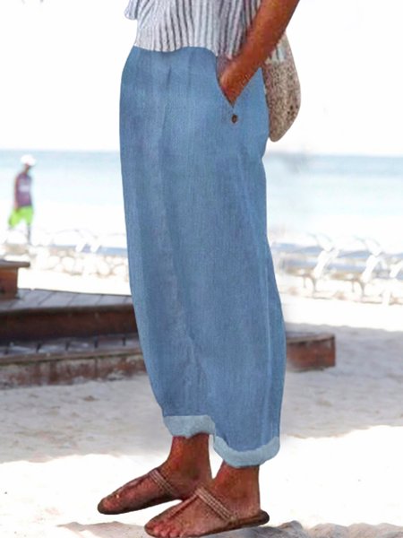

Spring Summer Elastic Slacks, Blue, Pants