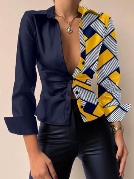 

Shirt Collar Regular Fit Geometric Blouse, Blue, Blouses and Shirts