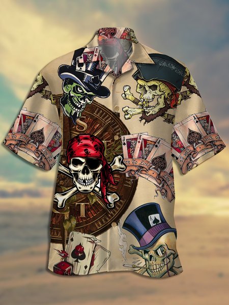 

Men's Skull Poker Print Casual Breathable Short Sleeve Shirt, Light khaki, Men's Floral shirt
