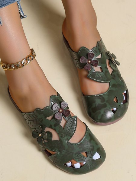 

Vintage Three-dimensional Flowers Hollow Comfort Flat Mules, Green, Flats