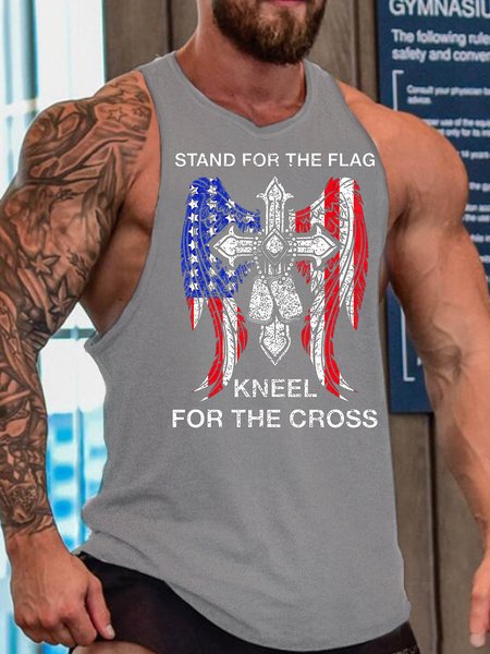 

Stand For The Flag, Kneel For The Cross, Casual Crew Neck Tank Top, Gray, Tank Tops