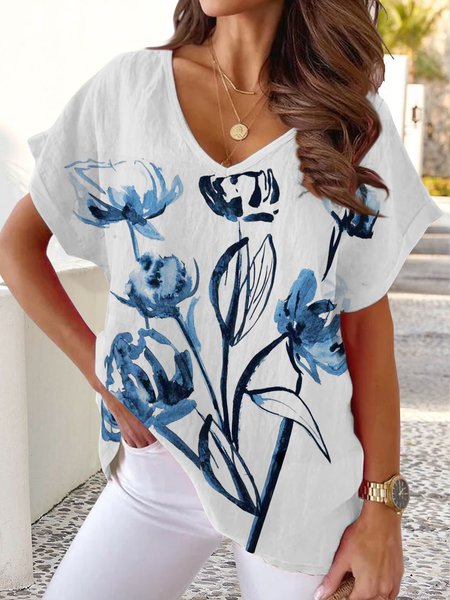 

Ink flower loose holiday Pullover T-shirt Plus Size, Blue, Tees & T-shirts