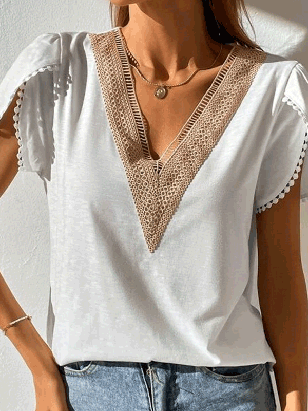 

Bud sleeve design V-neck loose short-sleeved top, White, T-Shirts
